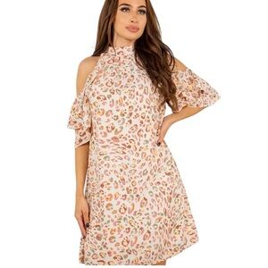 Spin Pink Leopard Cold Shoulder Ruffle Size L Maxi Dress Boho Romantic Feminine